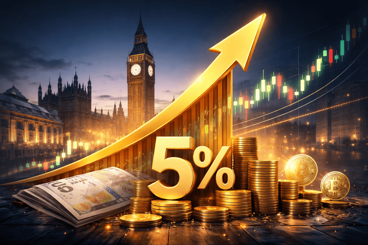 UK 10-Year Government Bond Yields Rise Above 5% for First Time Since 2008