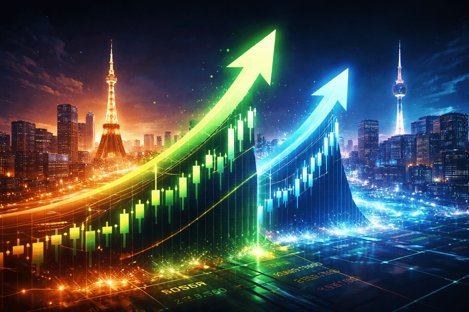 KOSPI指数と日経225が大規模な市場上昇で史上最高値を更新